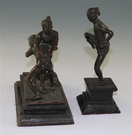 A Burmese bronze group of wrestlers and another of Chinlone player, early 20th century, 20cm & 21.5cm (7.9in. & 8.5in.)